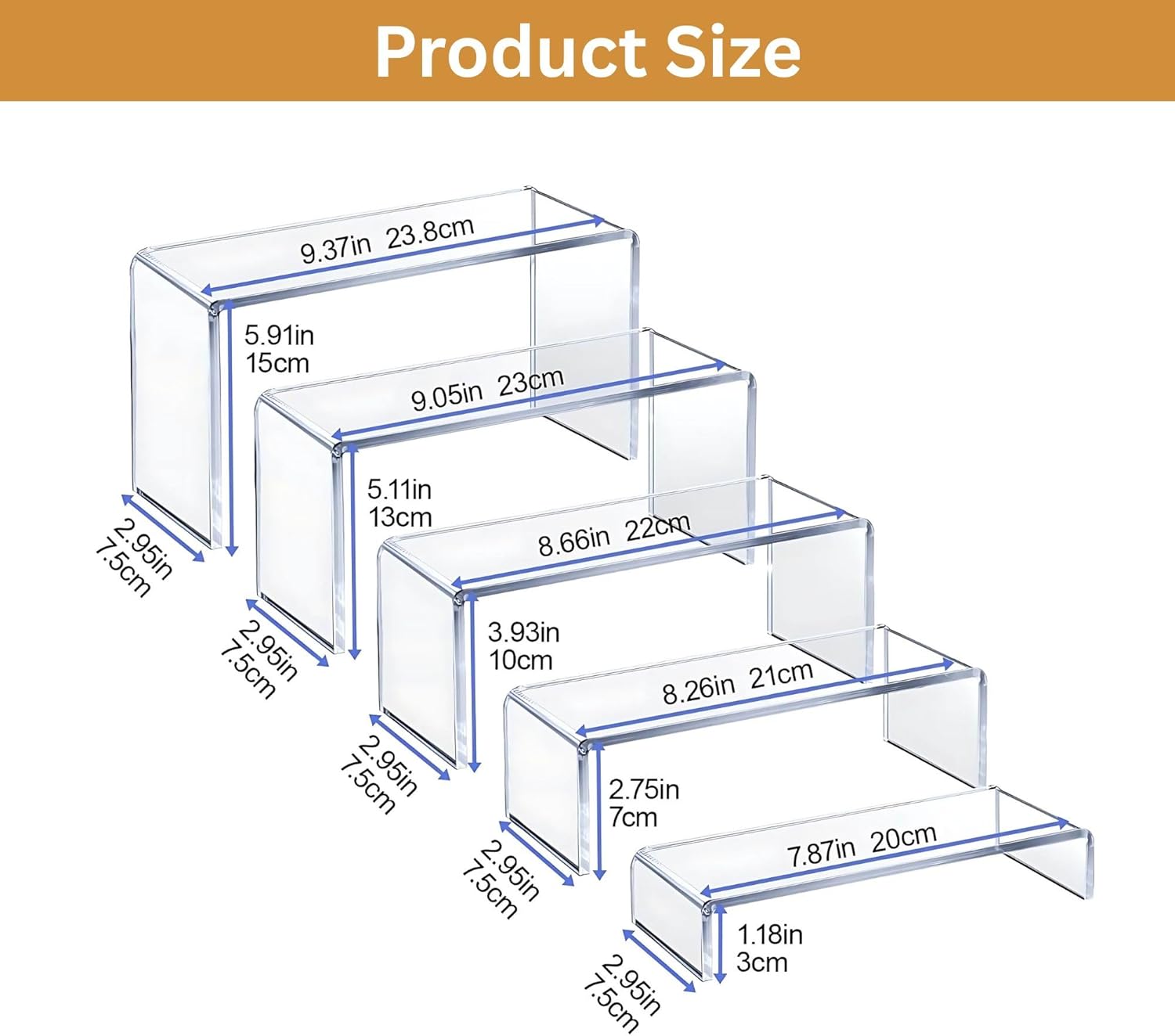 Clear Acrylic Display Risers, 5-Tiered Set of 10