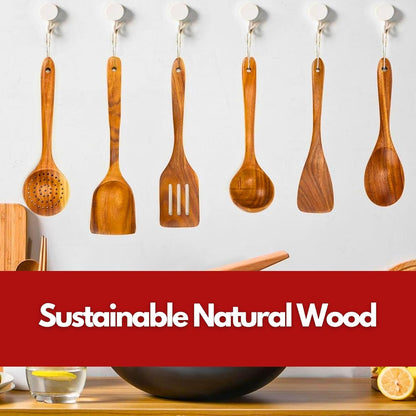 Teak Wood Cooking Utensils Set, 6 Piece