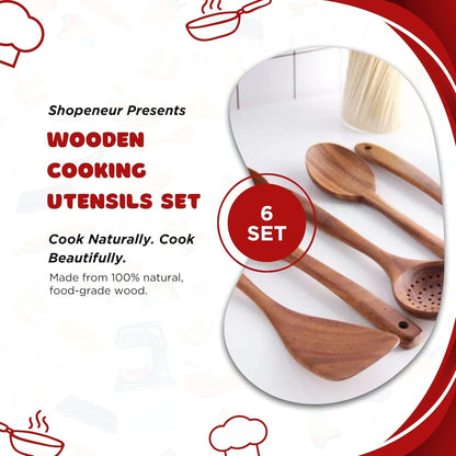 Teak Wood Cooking Utensils Set, 6 Piece