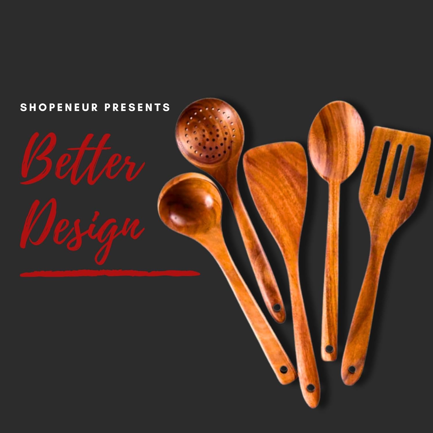 Teak Wood Cooking Utensils Set, 6 Piece