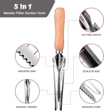 Multifunctional Stainless Steel Weed Puller with Wooden Handle