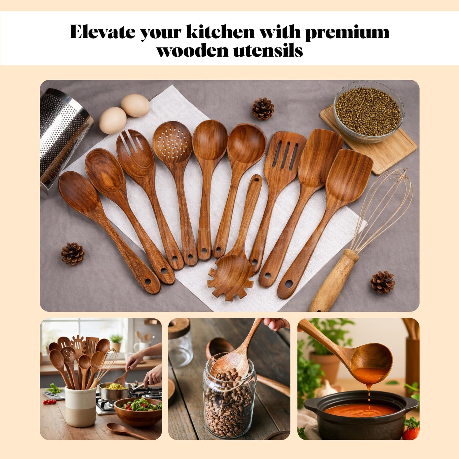 Wooden Spoons, 10 pcs Wooden Utensils for Cooking