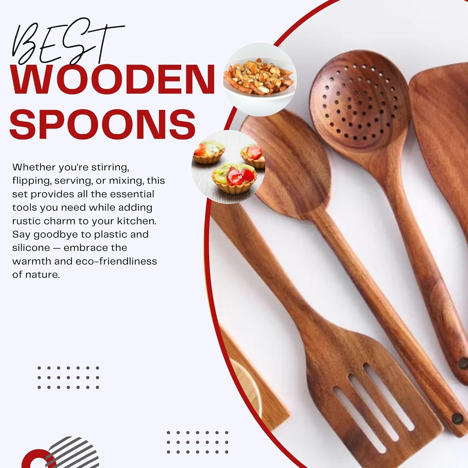 Teak Wood Cooking Utensils Set, 6 Piece